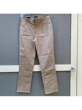 Khaki tan classic five pocket straight leg denim mom jean neutral minimalist